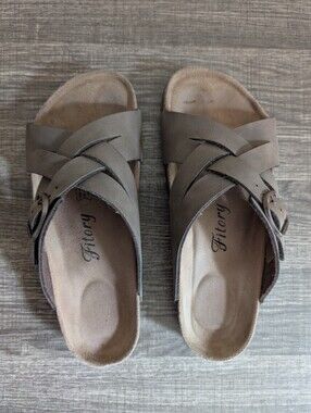 Fitory Taupe Crisscross Strap Cork Sole Sandals